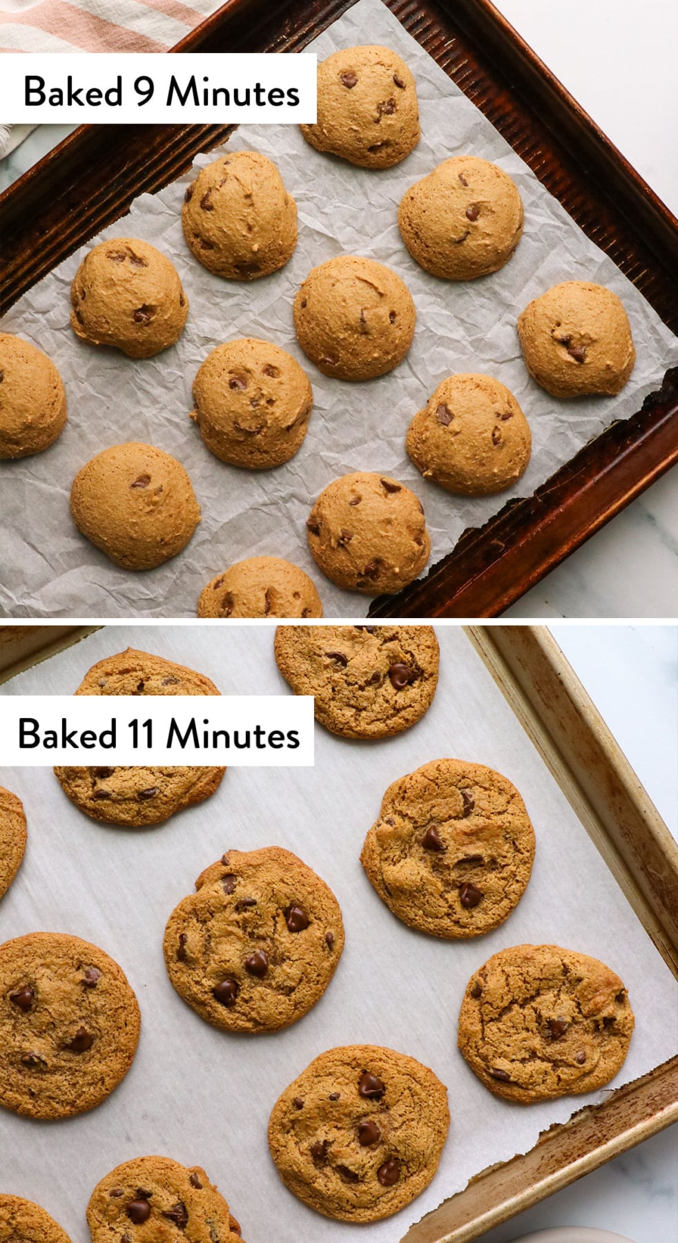 cookies baked for 9 minutes versus 11 minutes side by side on a pan.