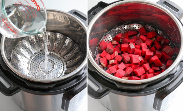 water poured into instant pot with beets