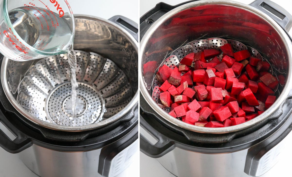water poured into instant pot with beets