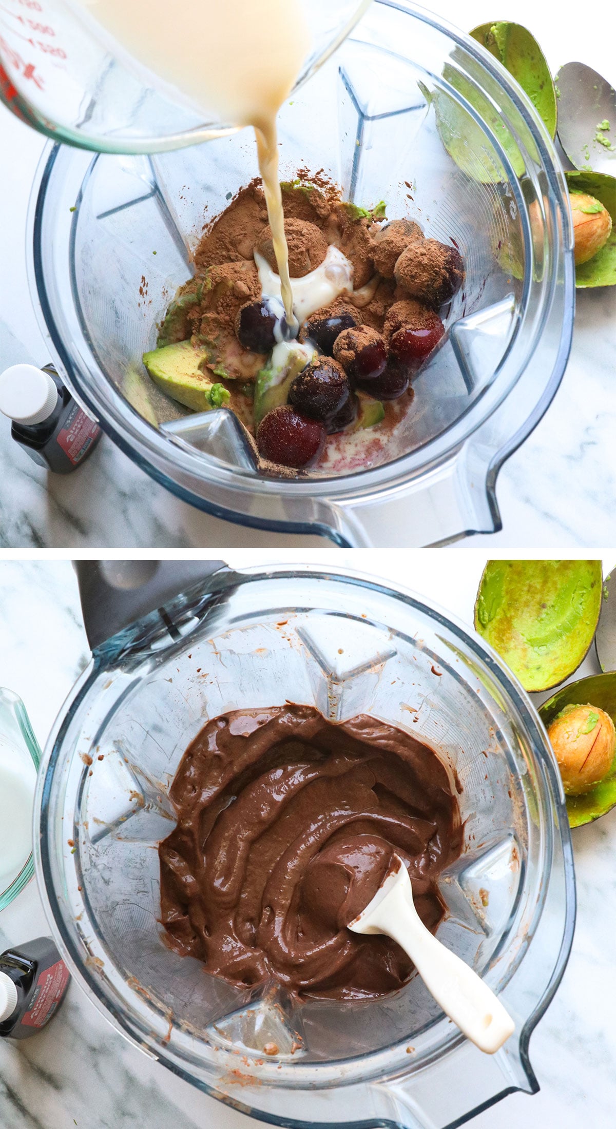 frozen cherries, avocado, milk and cacao powder blended together.