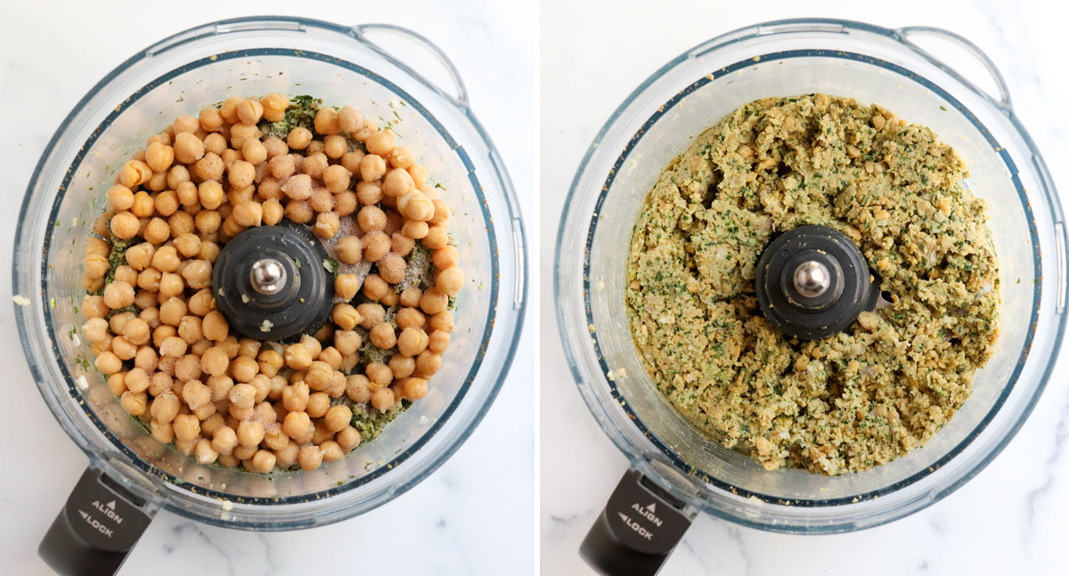 chickpeas and shallot added and pulsed in food processor