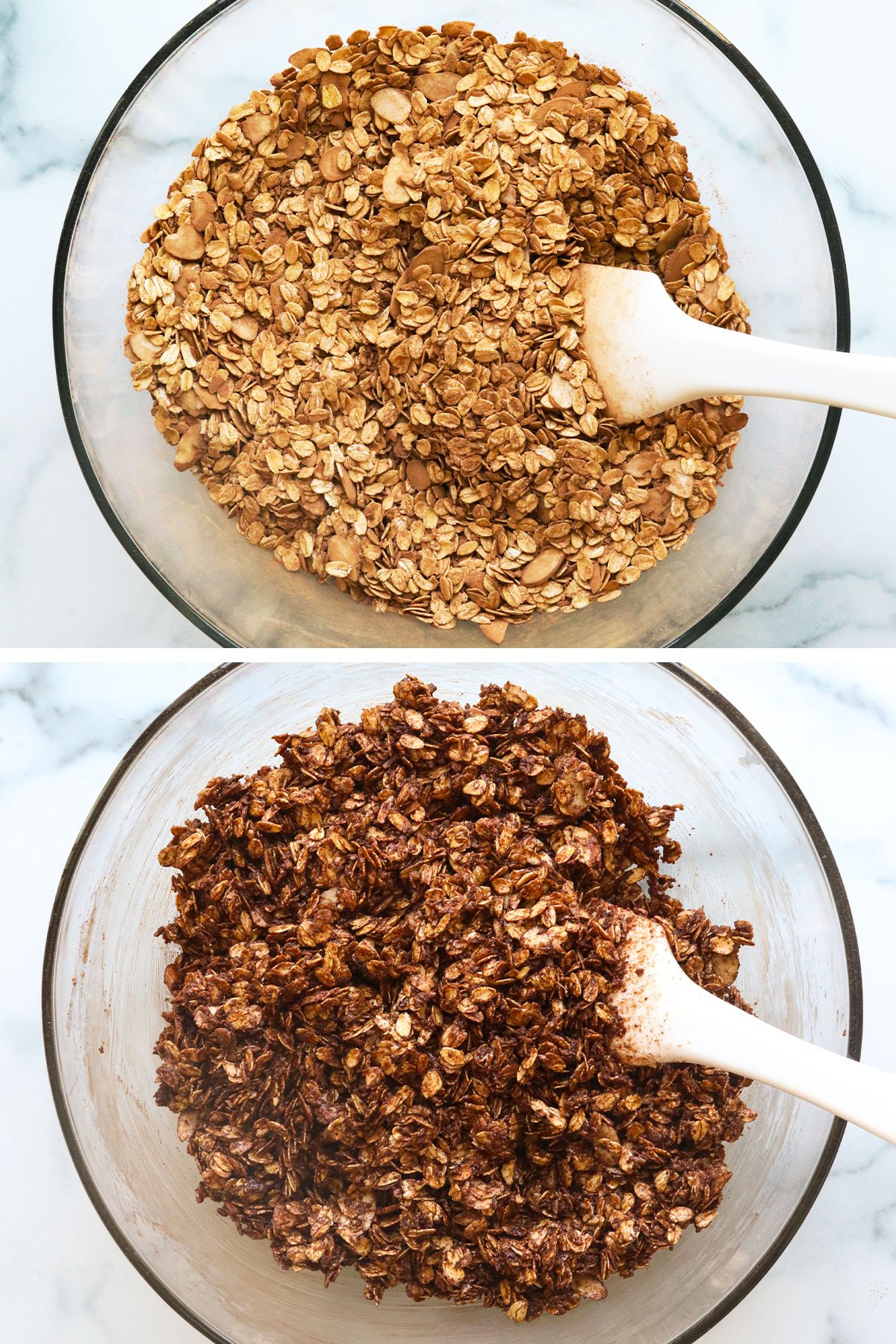 dry and wet chocolate granola ingredients mixed.