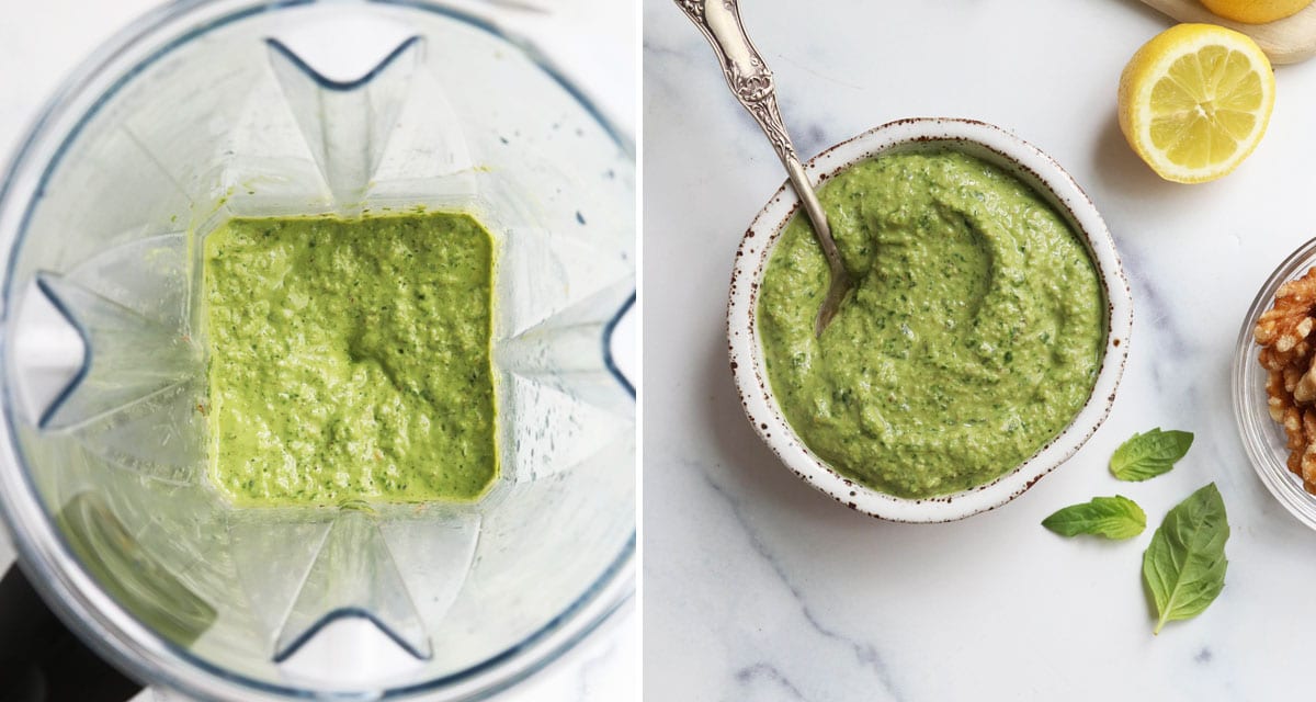 blended pesto in blender and in white bowl