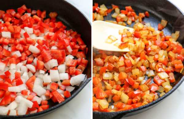 sauteed peppers and onions in skillet
