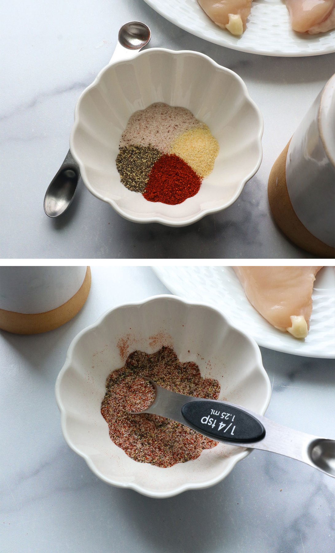 Mix the spices together in a small bowl to eat the chicken.