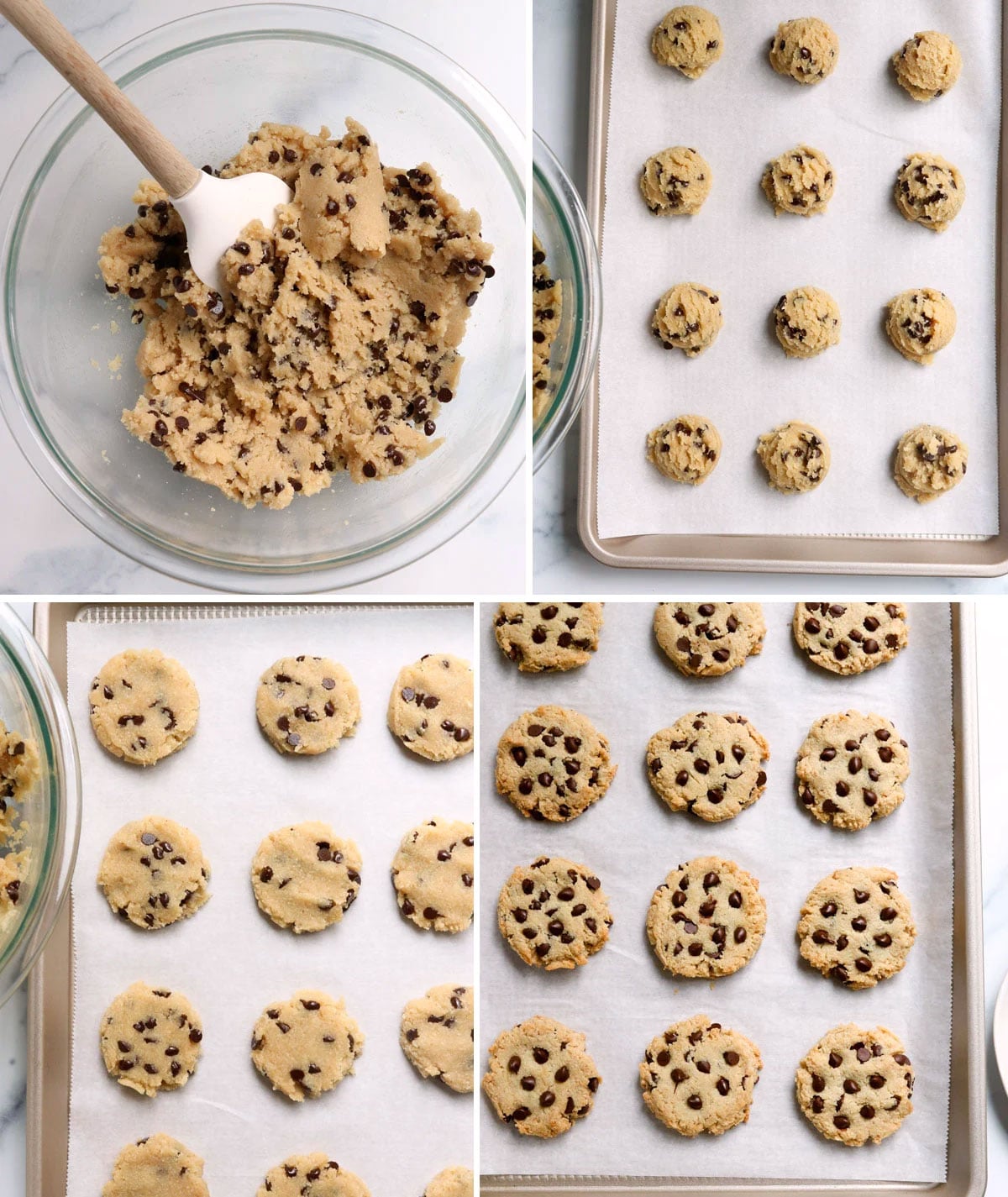 vegan cookie dough with almond flour flattened on a baking sheet.