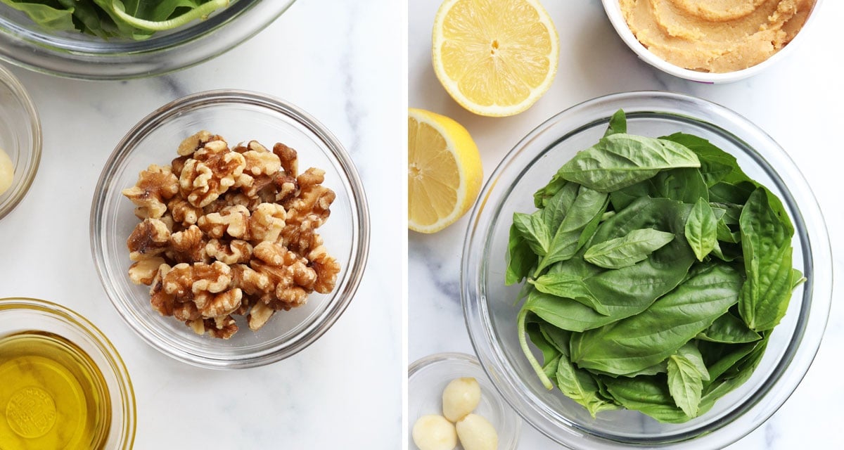 vegan pesto ingredients in glass bowls