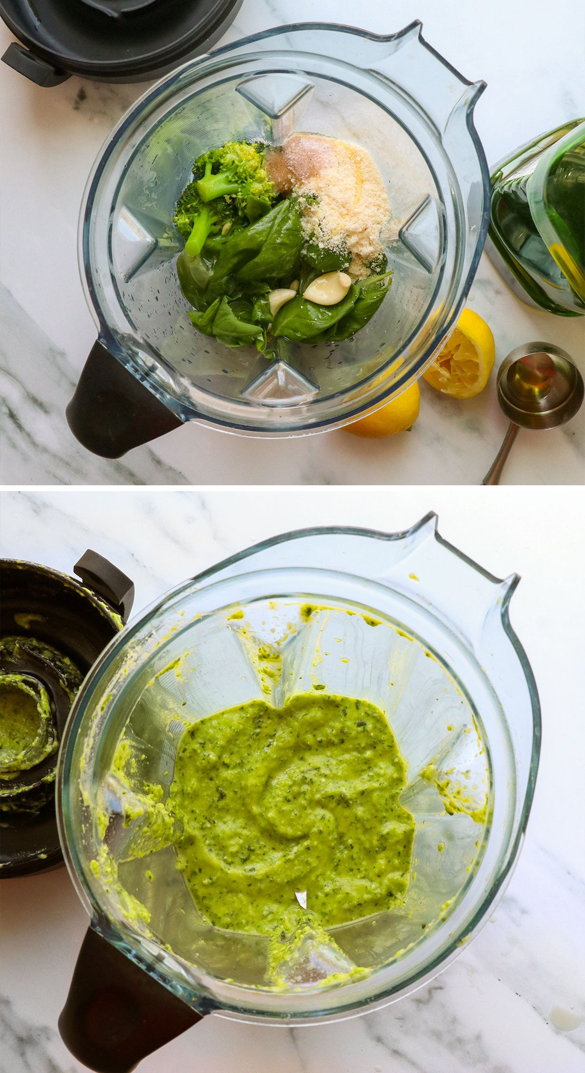 broccoli blended with basil and garlic to make pesto in a blender.