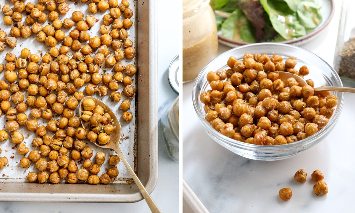 finished chickpeas on pan and in glass bowl