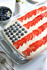 oat flour flag cake topped with berries