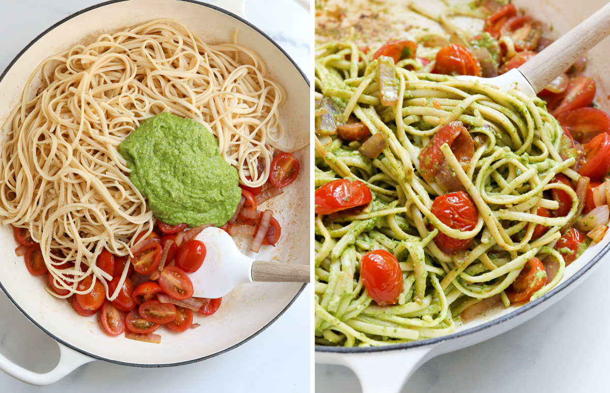 pesto and pasta added to skillet of veggies