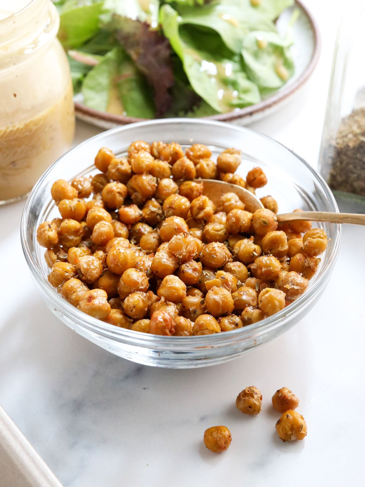 roasted chickpeas in a glass bowl