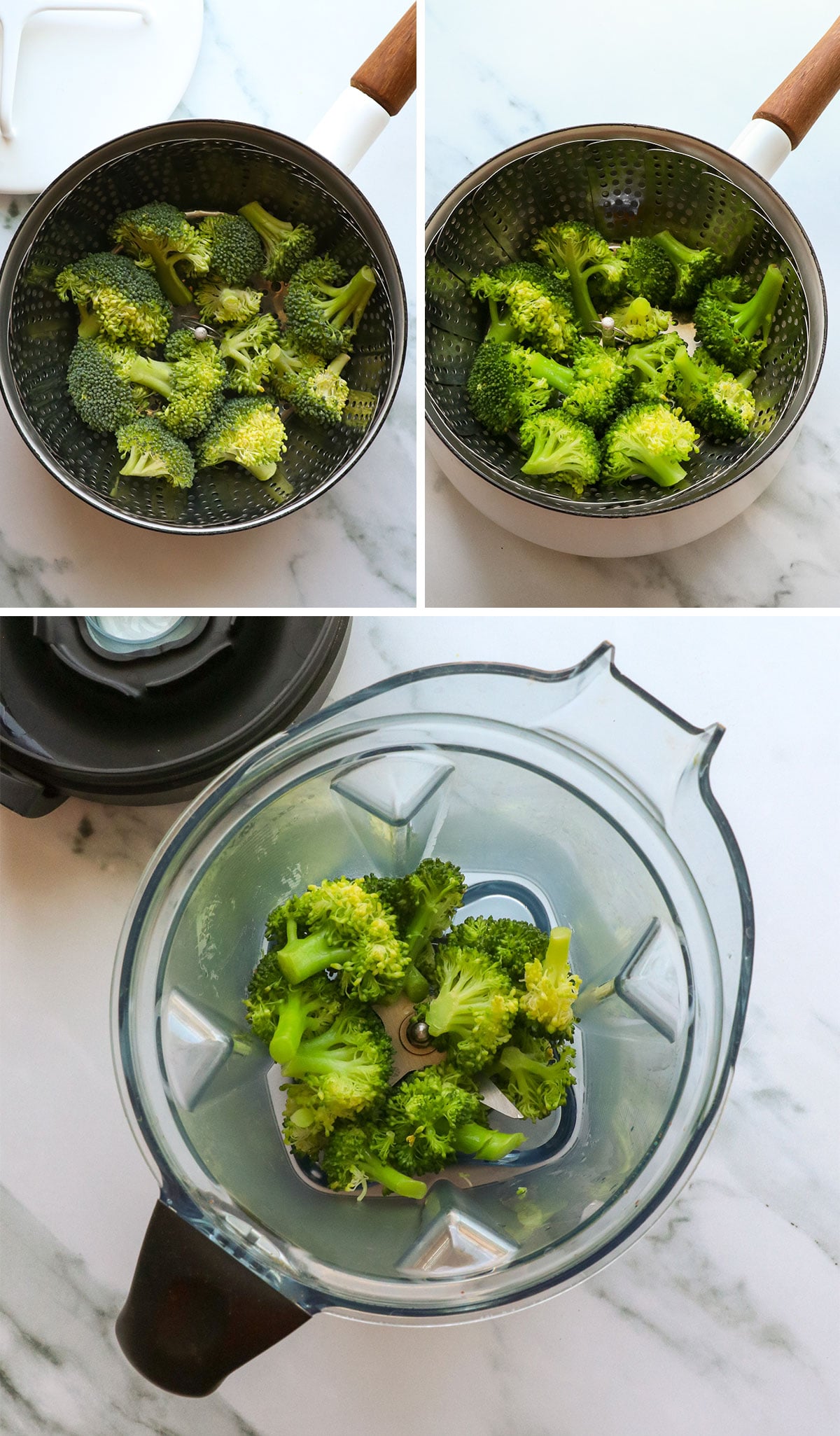 fresh broccoli steamed in a pot and added to a blender.