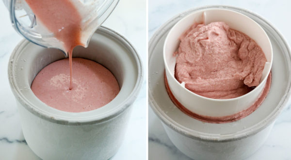strawberry ice cream poured into maker