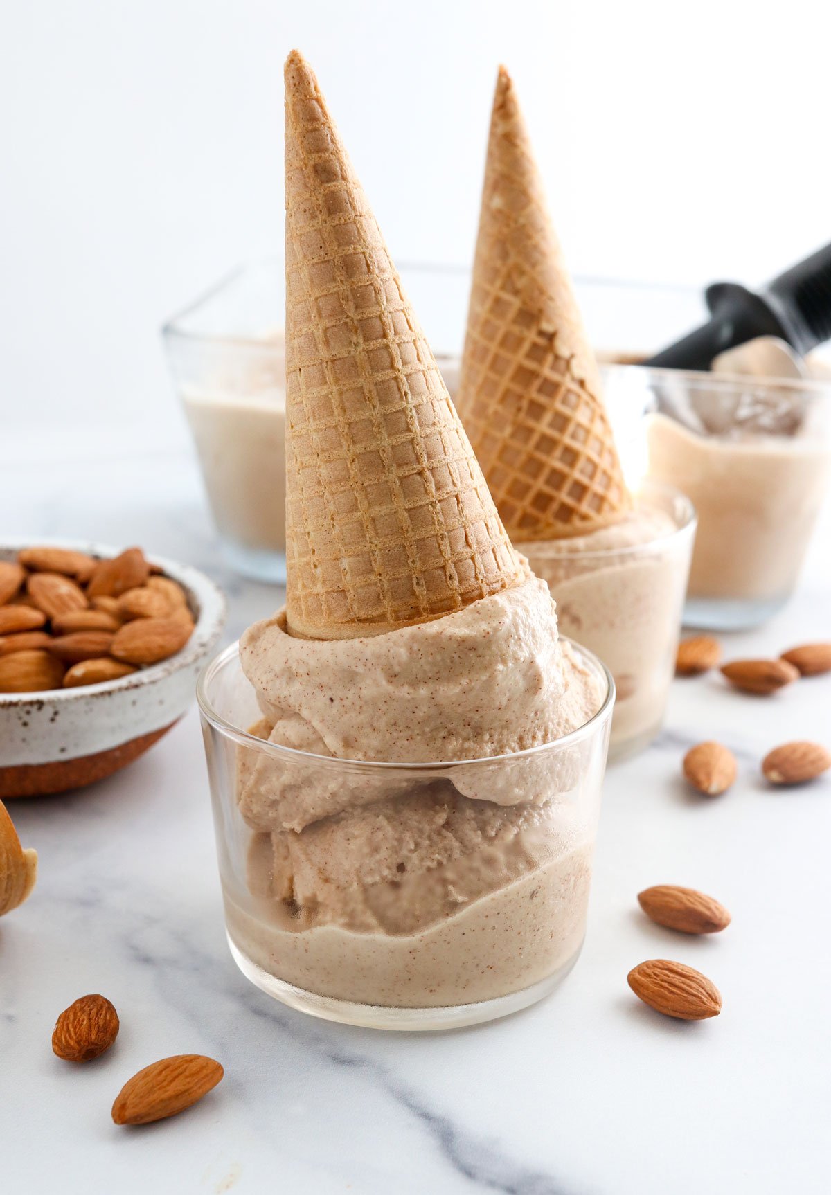 almond milk ice cream on upside down cones