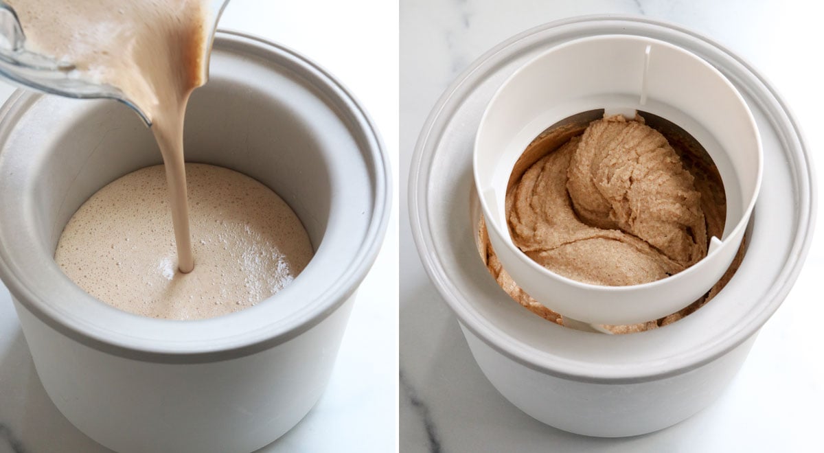 almond milk ice cream poured into ice cream maker