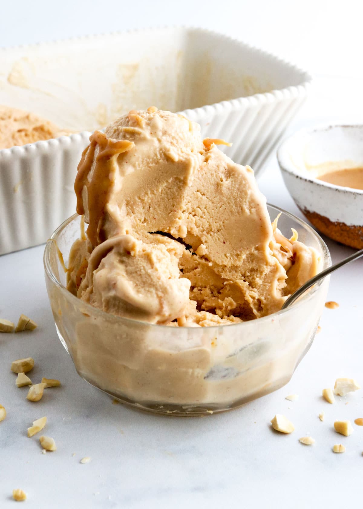 peanut butter ice cream in glass dish