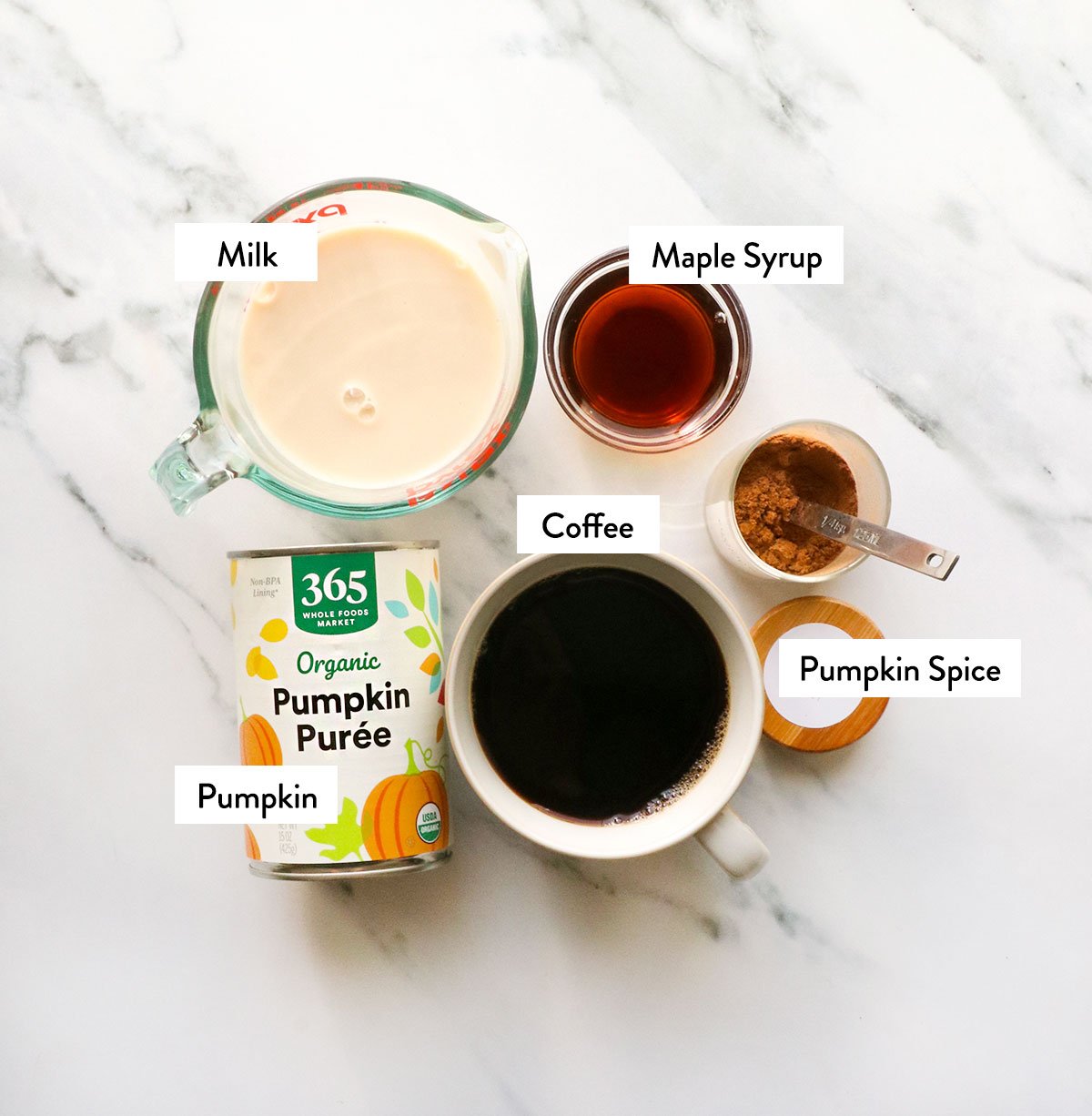 milk, pumpkin, coffee, maple syrup, and spice labeled on a white surface.