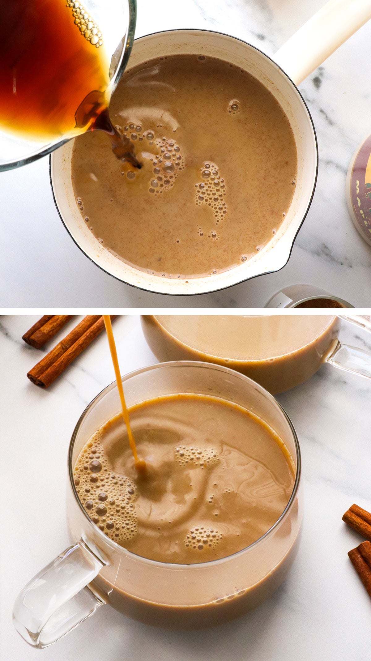 coffee added to pumpkin latte and served in mug.