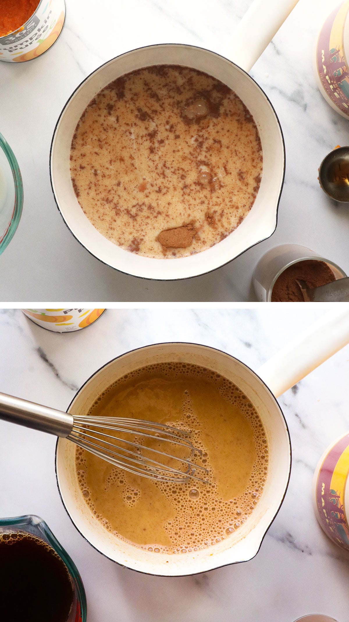 spices whisked with milk in a saucepan.
