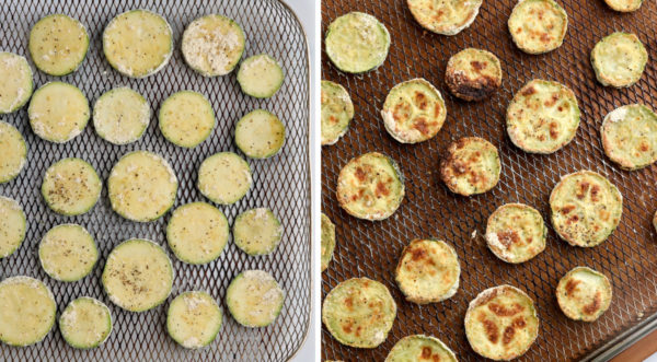 zucchini before and after cooking on air fryer tray