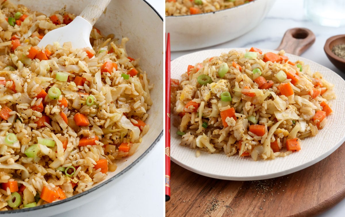 fried rice in pan and served on plate