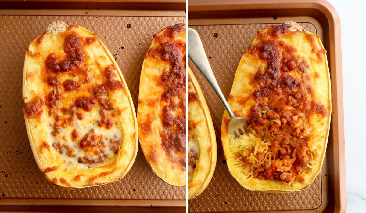 baked spaghetti squash with a fork mixing in the strands