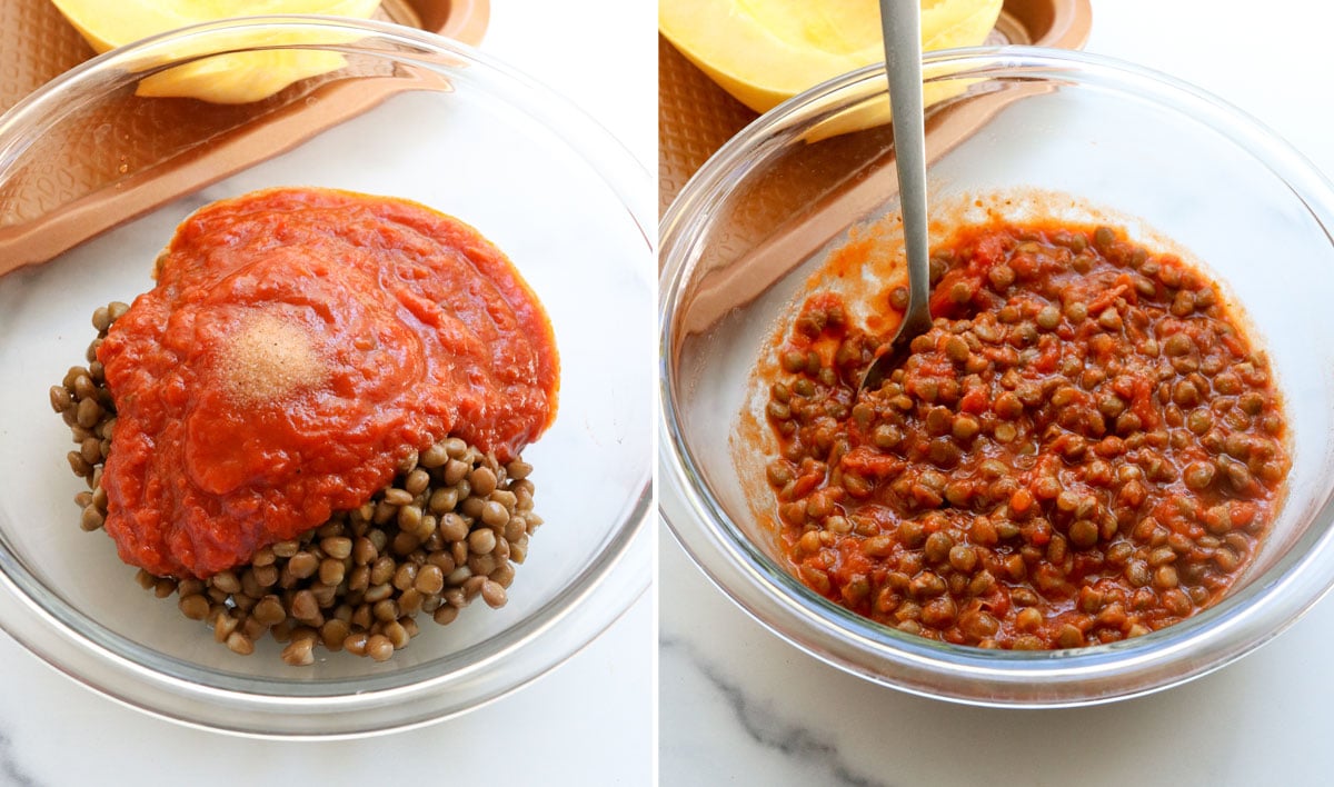 lentils and marinara sauce stirred together in bowl