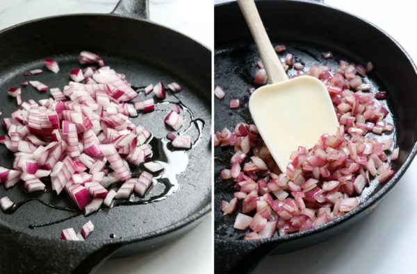 sauteed red onion in skillet