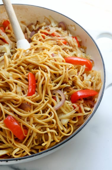 singapore noodles in white skillet