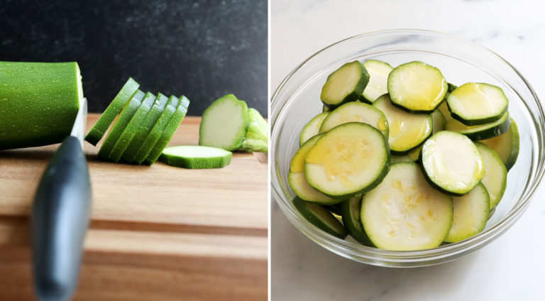 sliced zucchini added to bowl with oil