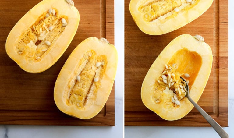 spaghetti squash cut in half with seeds scooped out