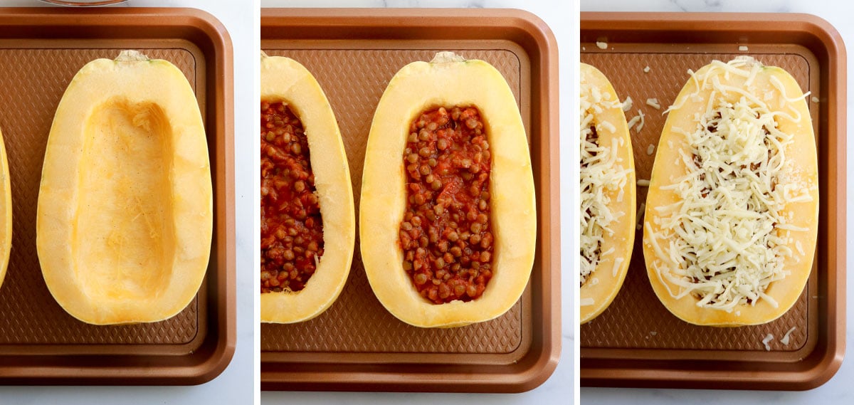 spaghetti squash stuffed with lentils and topped with cheese