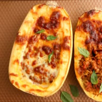 stuffed spaghetti squash on pan