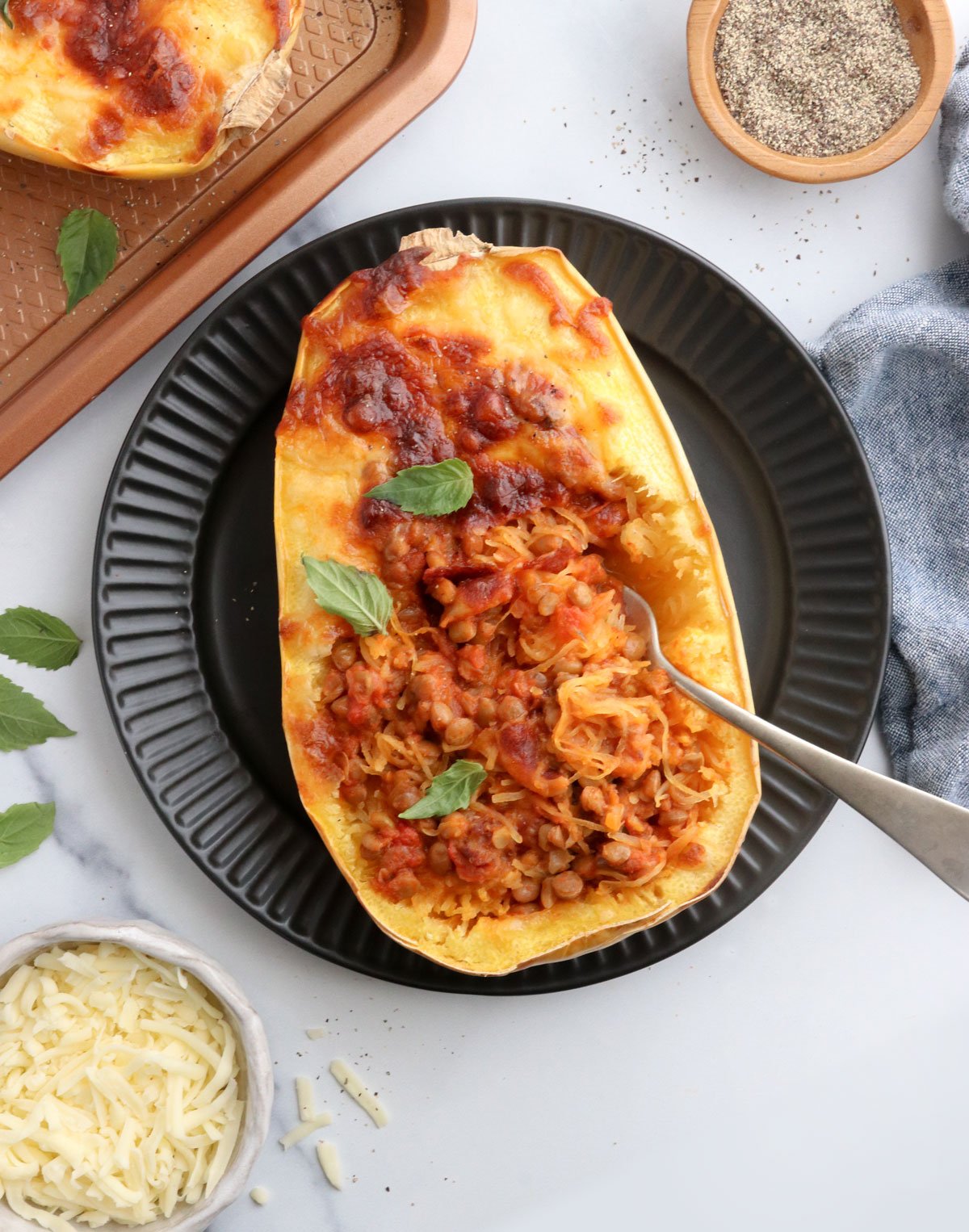 stuffed spaghetti squash with basil on top