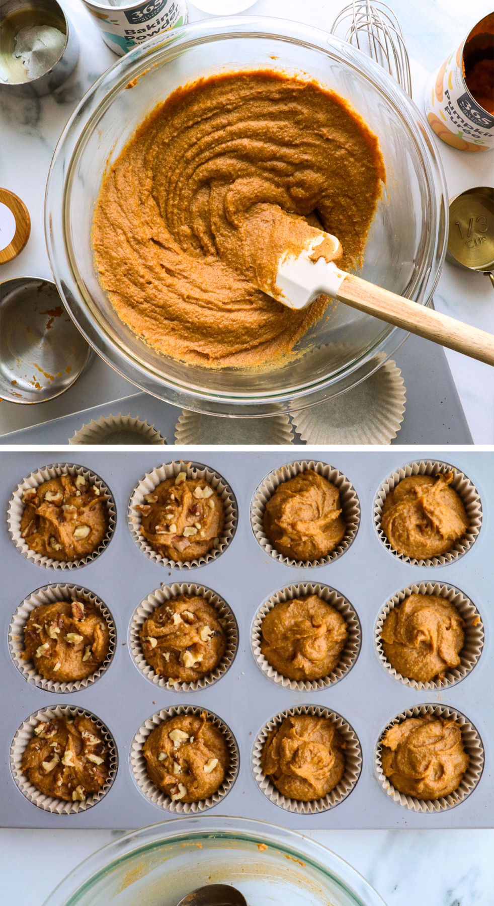 pumpkin muffin batter added to the pan.