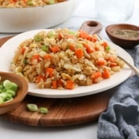 veggie fried rice on white plate with fork
