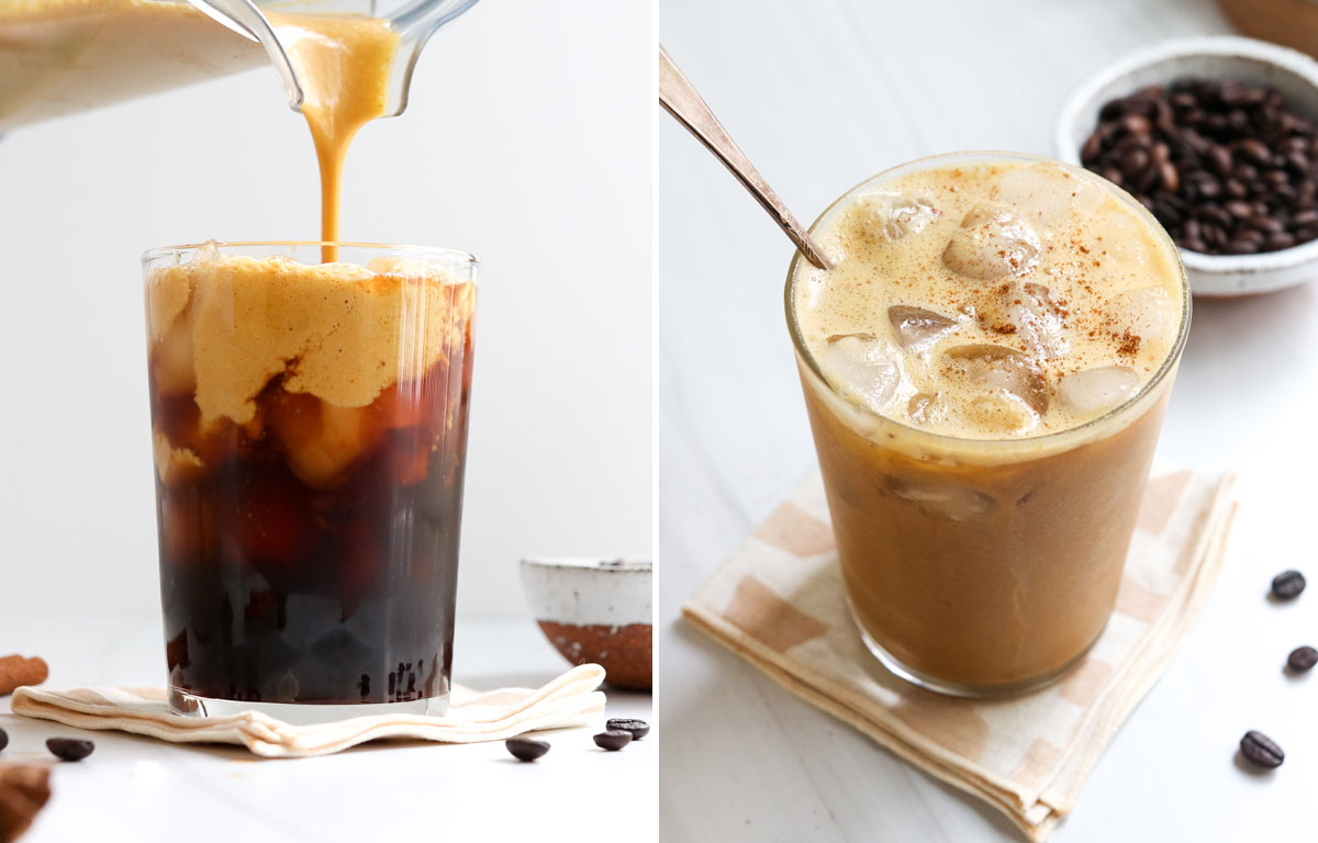 pumpkin creamer added to coffee and stirred in glass