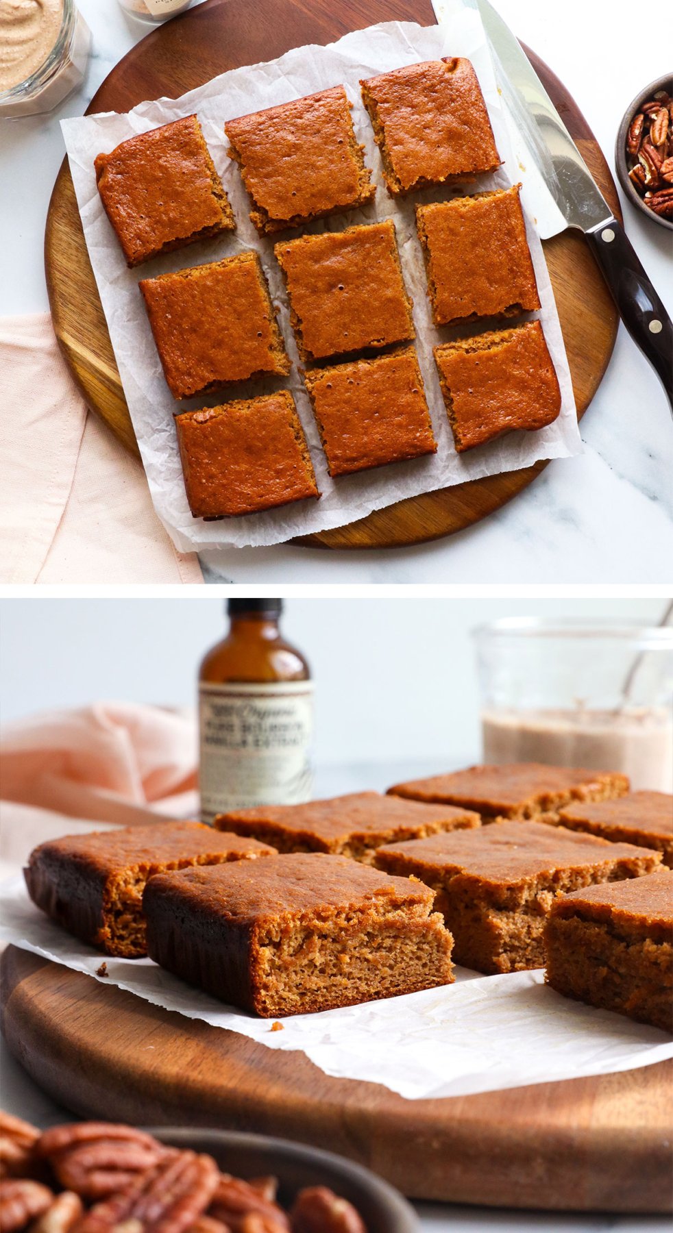 healthy pumpkin bars cut into 9 pieces from two angles to show texture. 