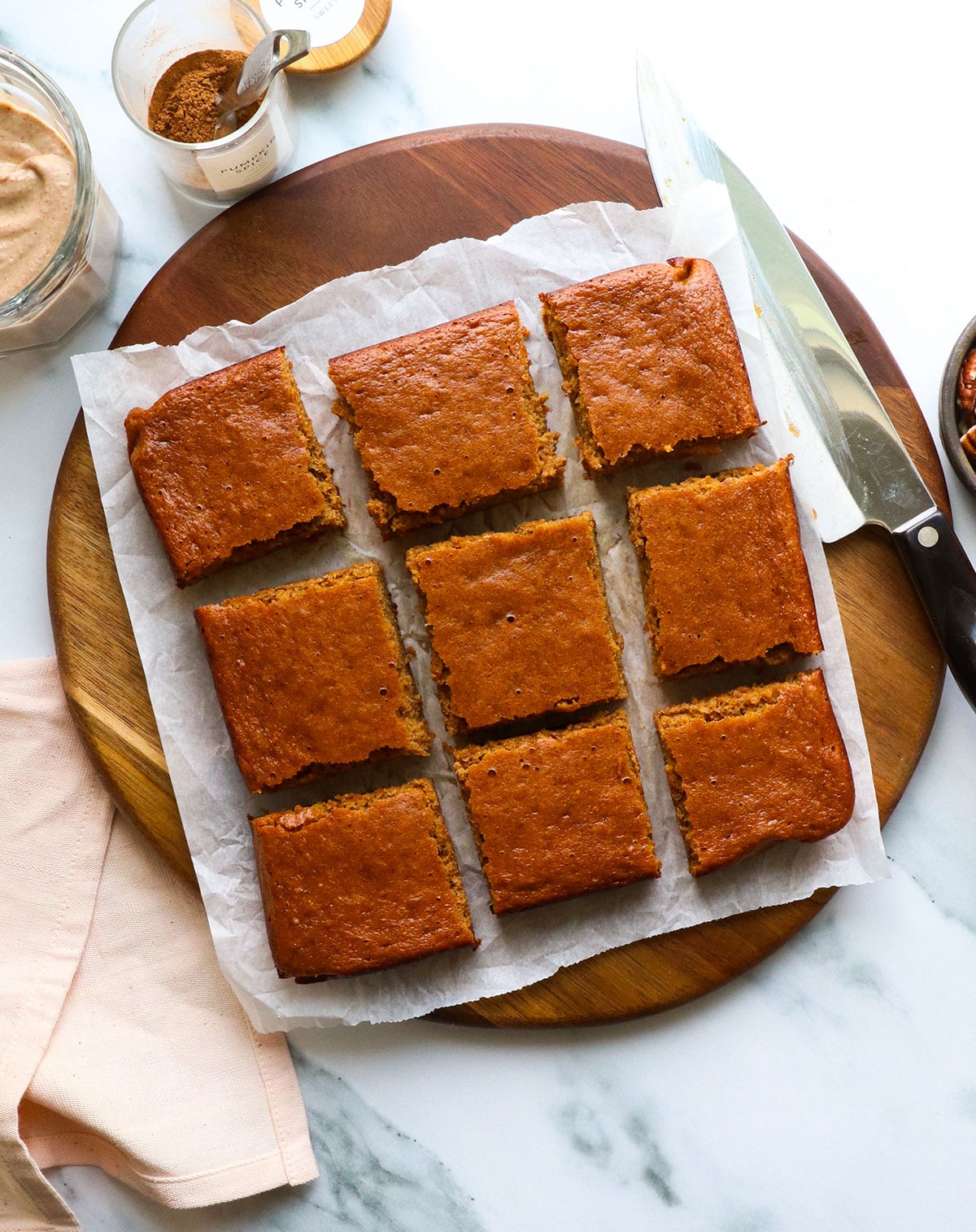 pumpkin bars sliced into squares. 