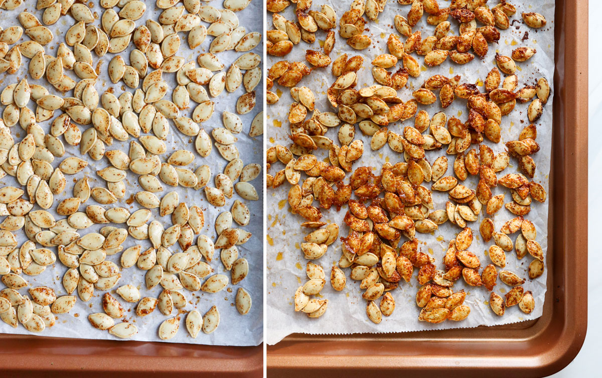 pumpkin seeds before and after roasting in sheet pan