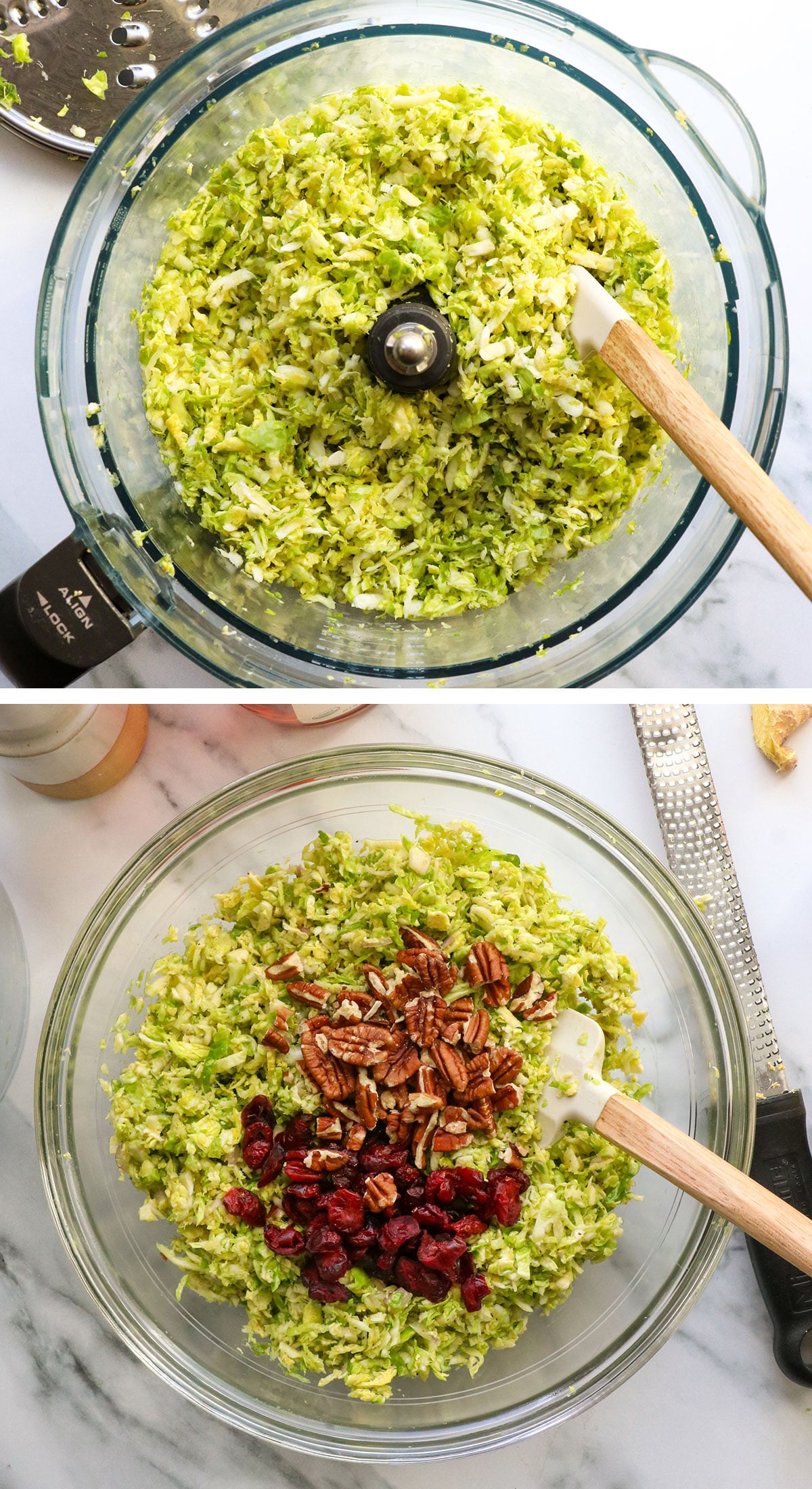 shredded brussels in food processor and added to bowl with dried fruit and nuts.