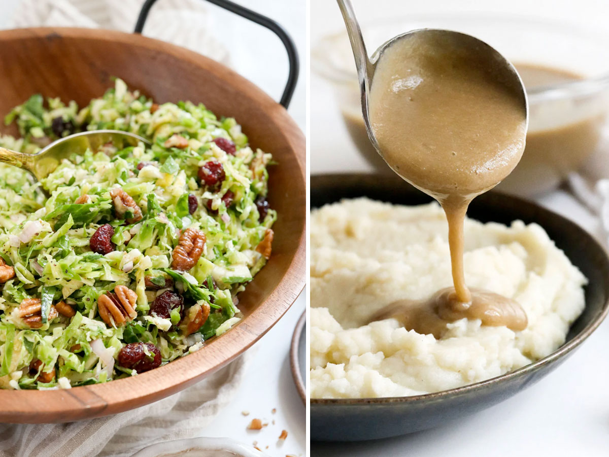 brussels sprouts salad next to healthy gravy poured on mashed potatoes.