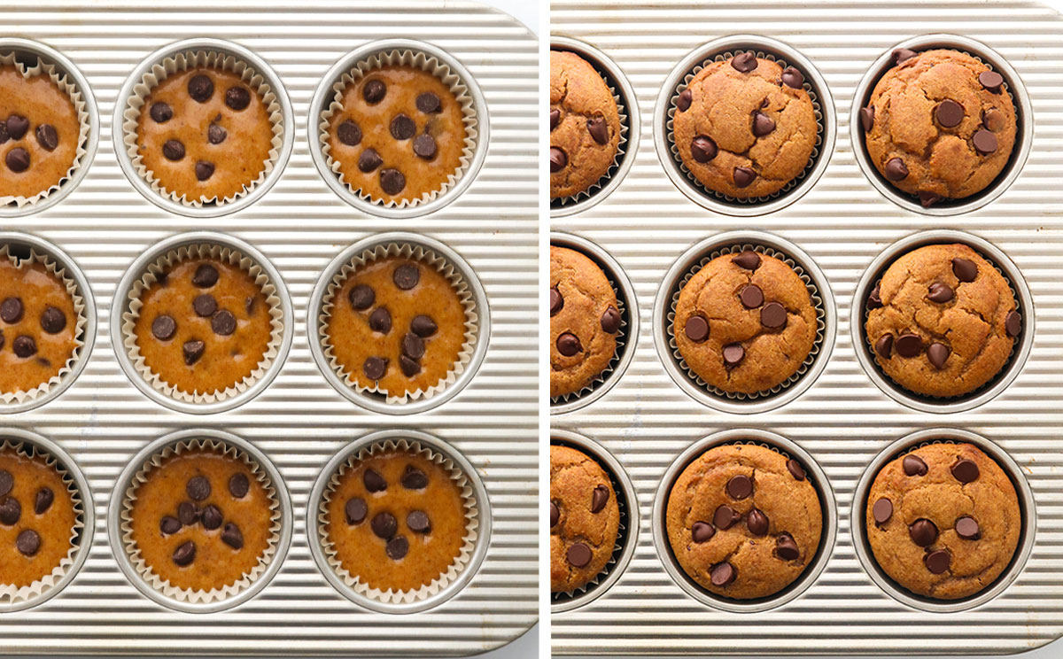 muffins in a pan before and after baking with chocolate chips on top.