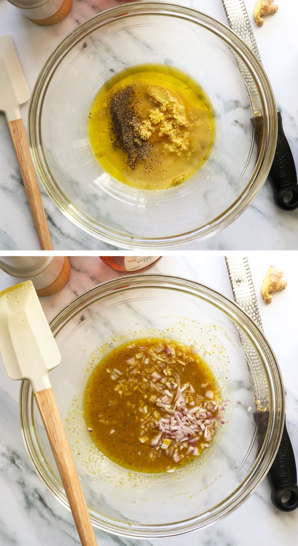 dressing ingredients added to a glass bowl and mixed with shallots. 