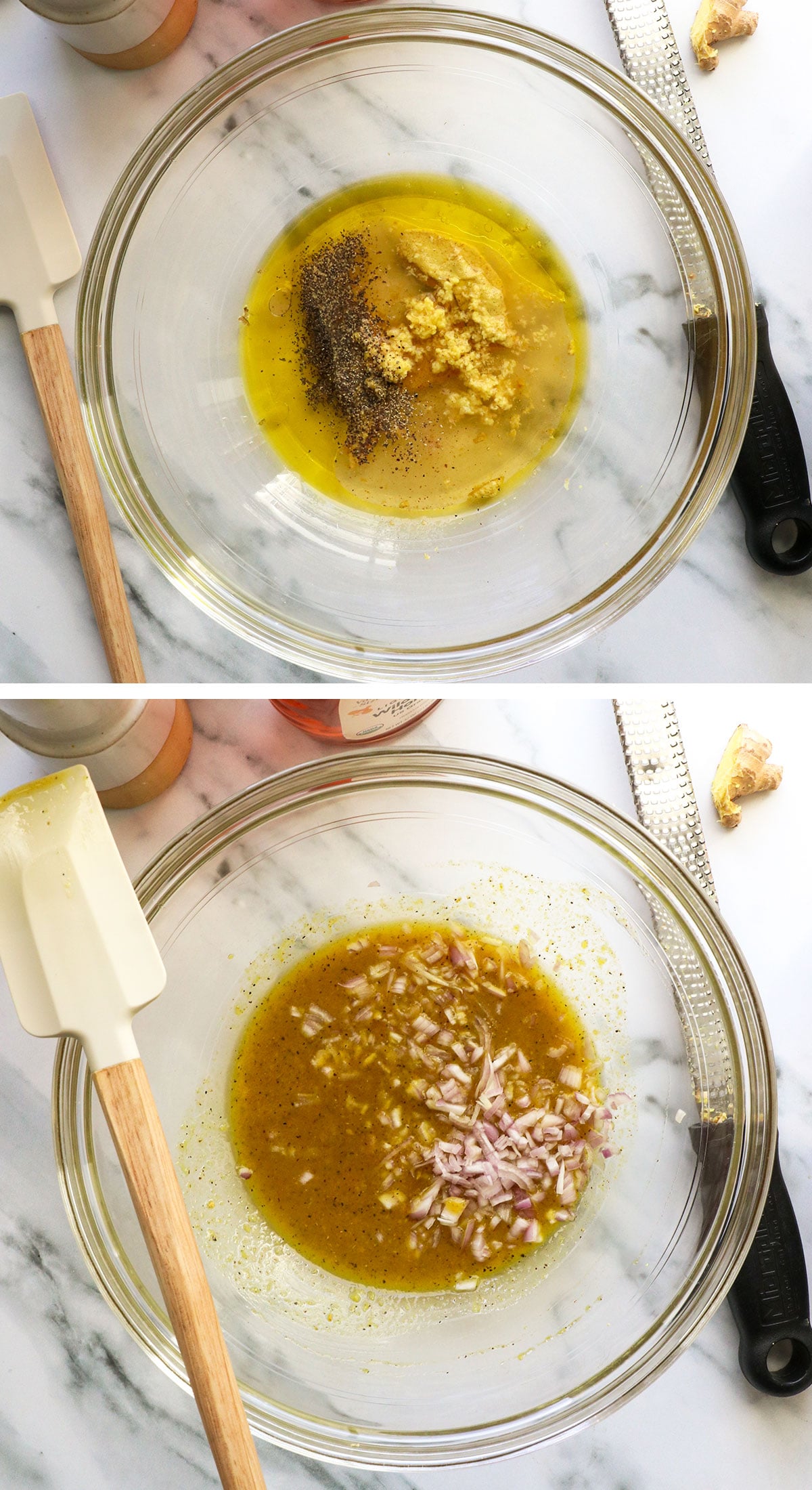 dressing ingredients added to a glass bowl and mixed with shallots.