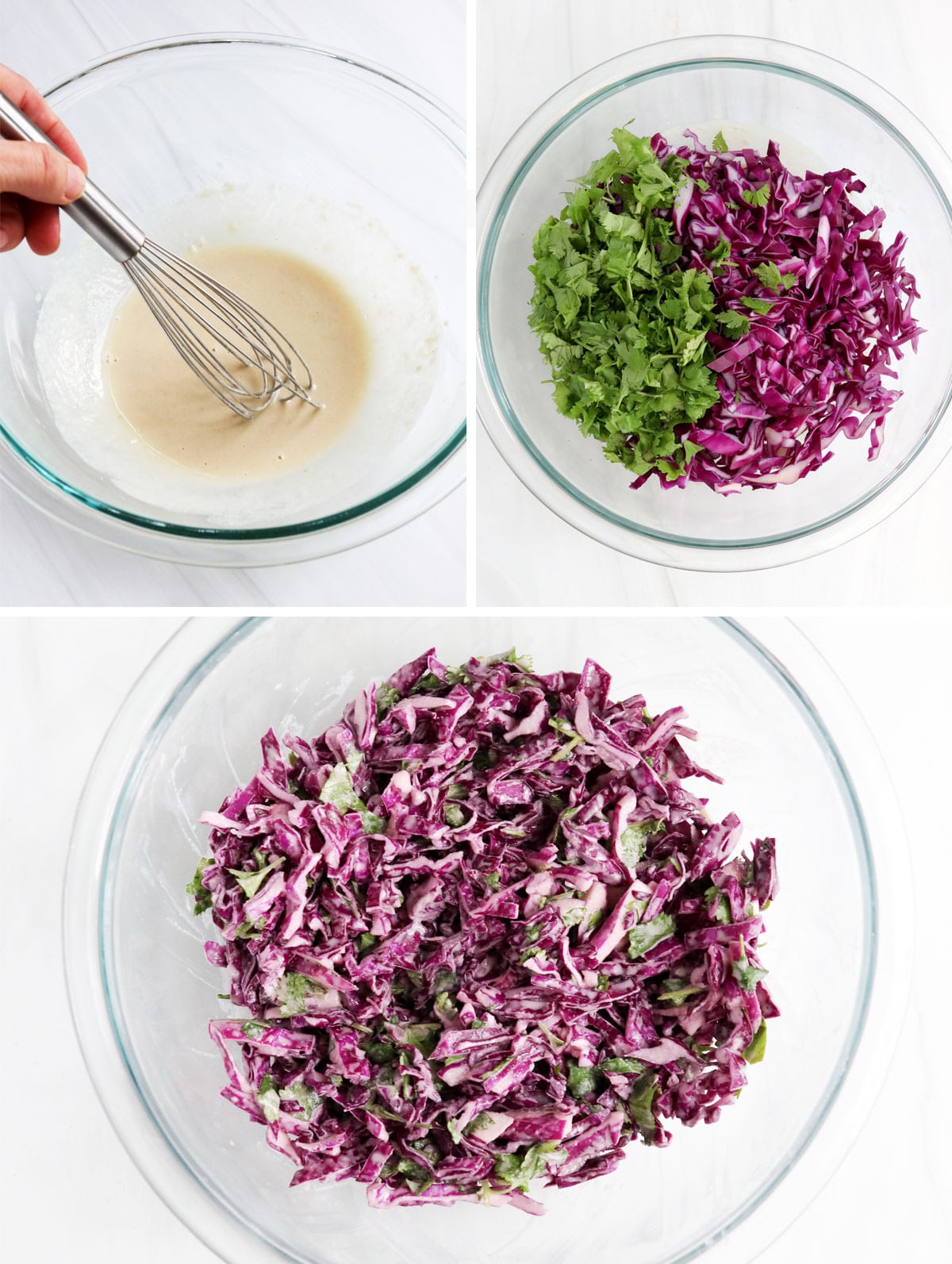 cabbage slaw ingredients stirred together in glass bowl