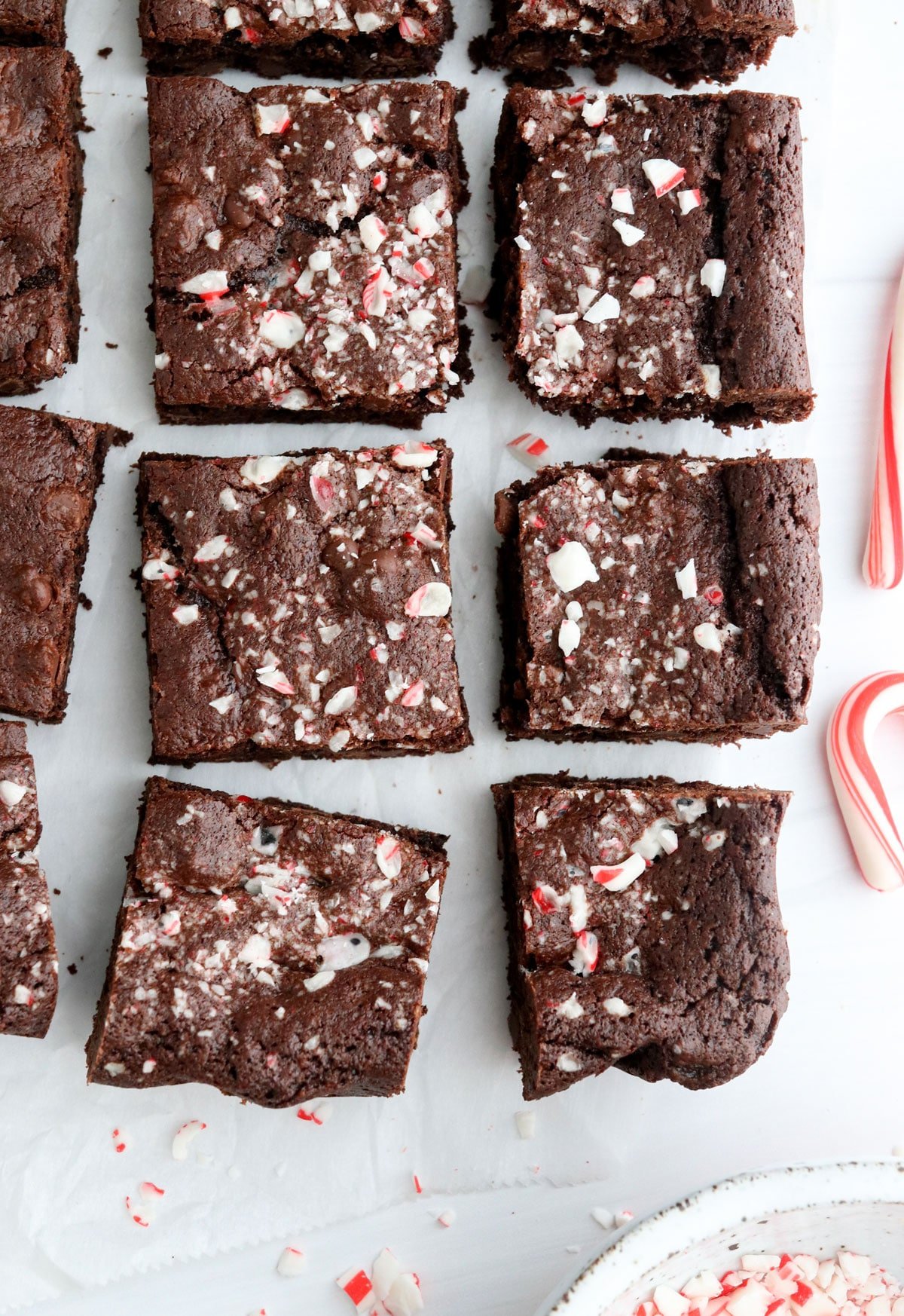 peppermint brownies sliced overhead on white surface