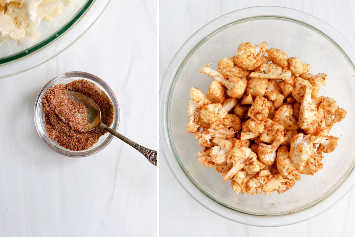 taco seasoning mixed together and tossed with cauliflower in bowl