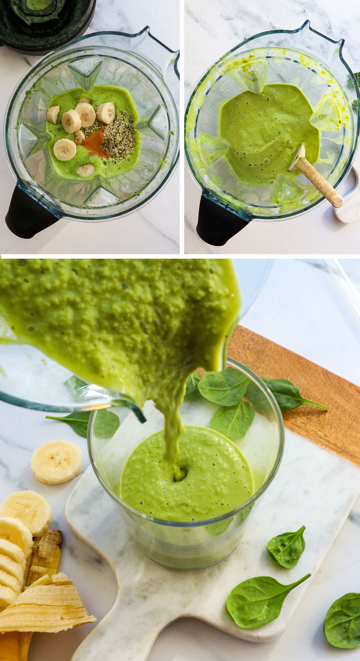 frozen banana and ice blended into the smoothie and poured.